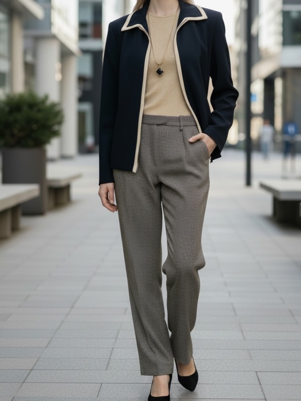 3 PC Jones NY Career Dress Suit -Black Tan, Herringbone Pattern Pants. Like New